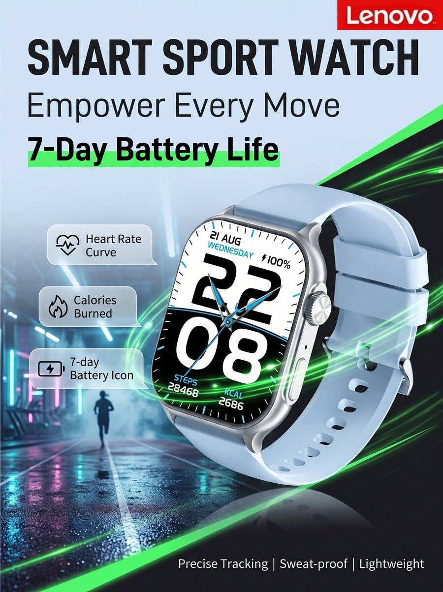 Lenovo Watch Fit F101 智能手表，1.96 英寸高清方形显示屏，无线 5.4+，50 多种运动模式，日常健康监测 - 查看 1