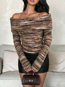Fall Fold Bardot Neck Knit Top, Multicolor Mix Furry Textured Long Sleeve Cropped Bodycon Party Sweater For Women,Holiday Outfits For Women - Brown - View 1