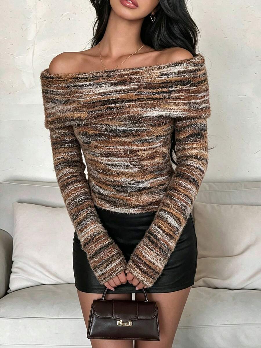 Fall Fold Bardot Neck Knit Top, Multicolor Mix Furry Textured Long Sleeve Cropped Bodycon Party Sweater For Women,Holiday Outfits For Women - Brown - View 1