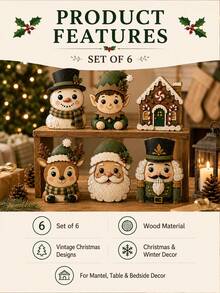 1/6pcs Vintage Christmas Figurines Set, Rustic Snowman Fairy Reindeer Santa Nutcracker & Gingerbread House Tabletop Decorations, Farmhouse Xmas Decor For Mantel, Shelf, Entryway, Bedside Table, Holiday Display & Winter Home - Multicolor - View 7