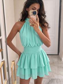 Elegant Fashion Green Halter Backless Layered Ruffle Mini Dress Wedding Gown - Mint Green - View 9