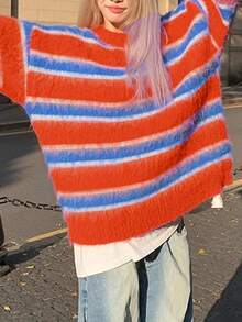 YCYC Dopamine Color Block Striped Knit Sweater Women Loose Casual Slouchy Pullover - Orange - View 4