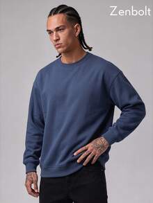 Zenbolt Men Crew Neck Pullover Sweatshirt, Relaxed Fit Long Sleeve Top, Soft Plain Knit Casual Basic Outfit For Daily Matching - Navy Blue - View 5