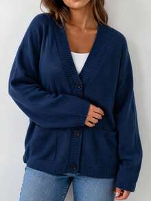 Women's Plus Size Knit Cardigan, Button Front With Shawl Collar, Dropped Shoulder Long Sleeve, Regular Length, Perfect For Vintage Winter Fashion - Blue - View 3