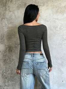 Women's Autumn U-Neck Keyhole Striped Long Sleeve Crop Top, Slim-Fit Fitted Base Layering Tee, Casual Outing Daily Wear, Fall - Dark Grey - View 6