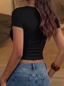 Women's Square Neck Cropped Short Sleeve T-Shirt, Cute Basic Tee For Summer Casual Black - Black - View 11