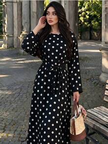 Polka Dot Long Dress With Flared Sleeves And Waist Tie Abaya, Suitable For Daily Wear - Multicolor - View 13