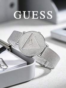 Guess Jam Tangan Quartz Fashion Berkilau untuk Wanita, Casing Bulat Perak, Dial Berlian Imitasi dengan Penanda Jam, Logo Segitiga, Tali Jala Logam, Jam Tangan Fashion Berkilau untuk Acara Malam Hari - Perak - View 4