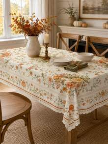 1Pc French Country Floral Tablecloth, Cream Apricot Autumn Flower Polyester Rectangular/Round Dining Table Cover With Vintage Decorative Border, Elegant Fall Kitchen Decor For Thanksgiving, Holiday Dinner, Farmhouse Home Styling - Multicolor - View 13
