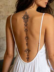 Herbal Juice Semi-Permanent Long Strip Back Spine Tattoo Sticker - Star Moon Symbol Floral Pattern 7-12 Days No Fading DIY Carnival Beach Party Holiday Gift Arm Leg Waterproof Tattoo Sticker 1pc/Pack - Blue - View 2