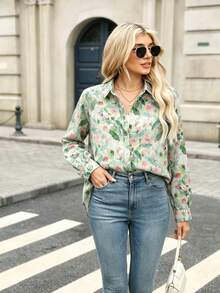 Women's All-Over Floral Print Lively And Playful Shirt, Spring - Pale Green - View 2