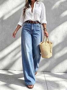 Women's Casual Elegant Denim Wide Leg Pants, Button Decor, Long Length, Mid-Stretch Fabric, Suitable For Spring And Autumn Daily Wear - Medium Wash - View 3