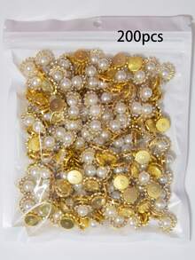 10-200件 12mm乳白色珍珠花，黃色珍珠中心，周圍鑲嵌小白色水鑽，向日葵圖案，亮面鈕扣水鑽花，DIY手工配件，適用於花卉頭飾與衣飾裝飾 - 12m米白珍珠花 - 查看 10