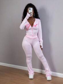 Autumn Street Style Women's 2-Piece Set, Long Sleeve Printed Top + Pants, Y2K Style Outfit Pink Elegant - Pink - View 4