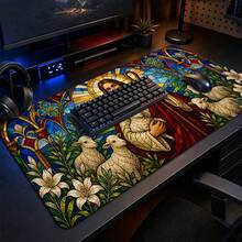 1pc Jesus The Good Shepherd Stained Glass Lamb And Lily Print XL Gaming Mouse Pad, Christian Faith Keyboard Desk Mat, Religious Gift - View 2