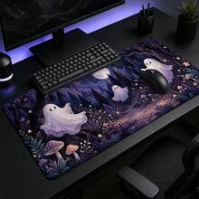 1pc Cute Ghost Moonlit Forest And Mushroom Print XL Gaming Mouse Pad, Whimsical Halloween Keyboard Desk Mat, Spooky Desk Decor - View 4