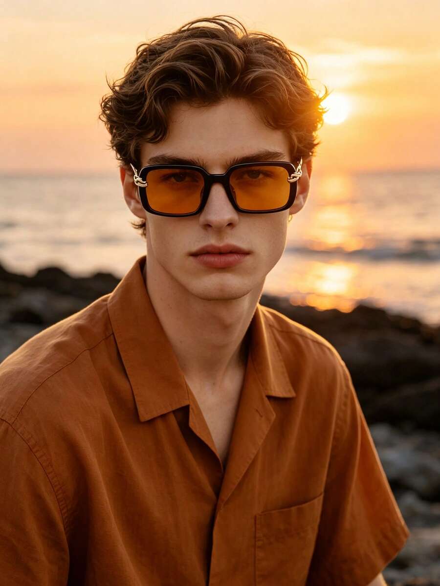 1 PC Men's Retro Square Fashion Glasses Lightweight Metal Temples Solid Color Lens Eyewear For Daily Travel Vacation With Glasses Box - Multicolor - View 1
