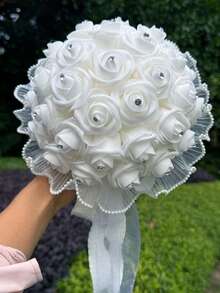 1pc White Artificial Rose Bridal Bouquet, Rhinestone PE Flower Bouquet With Pearl Lace Trim And Long Satin Ribbon, Wedding Handheld Bouquet - White - View 3