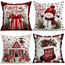 4 Stücke/1 Stück/ Rotes Karomuster Weihnachtsgeschenk Kissenbezug ohne Füllung, einseitig bedruckter Kissenbezug, geeignet für Wohnzimmer Schlafzimmer Heimdekoration, Ganzjahres-Kissenbezug - Verschiedenfarbig - Übersicht 1