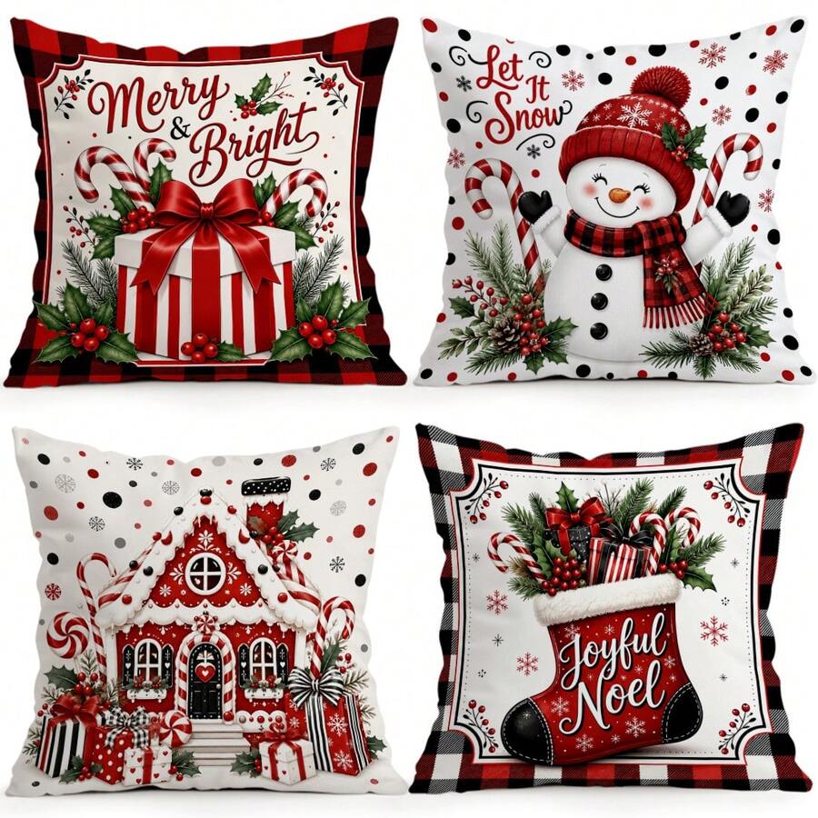 4 Stücke/1 Stück/ Rotes Karomuster Weihnachtsgeschenk Kissenbezug ohne Füllung, einseitig bedruckter Kissenbezug, geeignet für Wohnzimmer Schlafzimmer Heimdekoration, Ganzjahres-Kissenbezug - Verschiedenfarbig - Übersicht 1