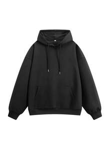 1pc Sweatshirt, Solid Color Drawstring Hood, Ribbed Cuffs And Hem, Pullover Style, Soft Skin-Friendly Knit Fabric, Comfortable And Easy To Care For, Casual Versatile All-Match Style, Suitable For City Outings, Friends Gatherings, Walking And Shopping - Black - View 6