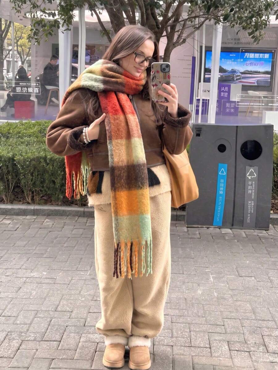 1件女款秋冬新款經典格紋印花毛茸茸流蘇圍巾，舒適大尺寸披肩，柔軟保暖加厚大圍巾，適合戶外旅行、簡約百搭日常穿搭，適用聖誕節及其他節日