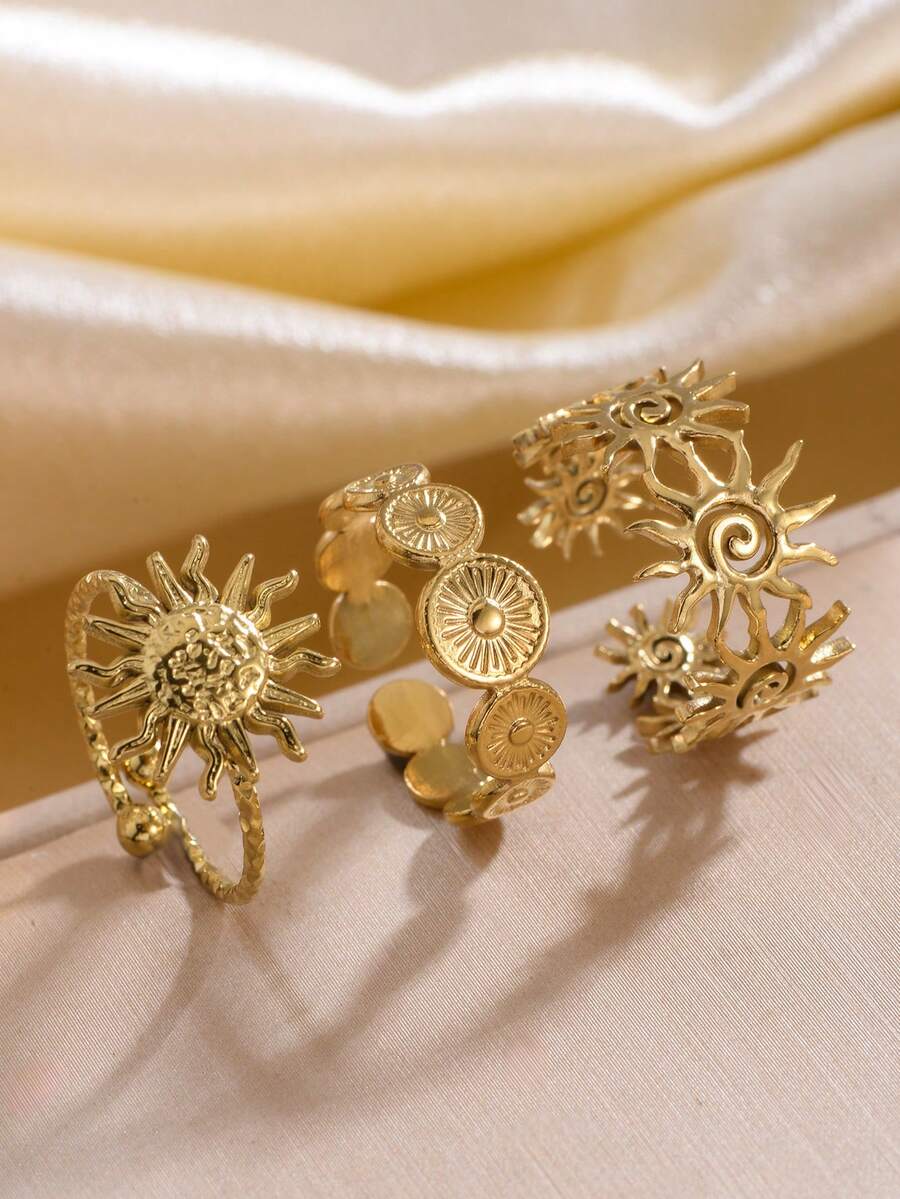 3pcs Flame Sun Pattern Gold-Plated Stainless Steel Ring Set, Open Women's Gold Rings, Jewelry For Women, Rust-Proof Rings For Summer And Autumn, Holiday Gift For Girlfriend - 3pcs - View 1