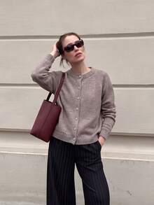 Women's Ribbed Trim Knit Cardigan, Loose Long Sleeve Button-Up Top, Suitable For Christmas, Halloween, Thanksgiving And Daily Wear - Grey - View 8