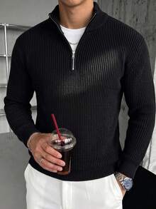Men's Classic Half-Zip Collar Long Sleeve Sweater, Autumn/Winter - Black - View 2