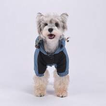 Fashionable Blue & Black Hooded Dog Snowsuit, Comfortable Lining One-Piece Outfit, Suitable For Small Dogs, With Leash Hole Design, Winter Walking & Outdoor Activity Pet Coat - Blue - View 10