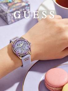 Guess Women's Quartz Chronograph Watch Pastel Purple Gradient Tone Crystal Bezel Silicone Strap Elegant Glamour Sporty Accessory For Social Events - Purple - View 3