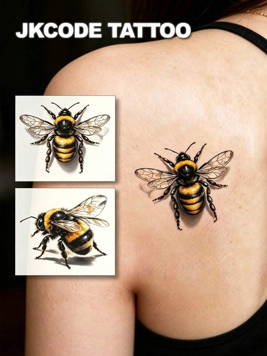 JKCODE TATTOO 2 Pcs Realistic Bee Temporary Tattoos, Stylish Mini Tattoo Stickers, Cool Tattoo, Waterproof Tattoo For Women, Simple, Colored Print Tattoo Sticker For Men, Washable Stickers For Party Tattoo Sticker, Last 3-5 Days - Multicolor - View 1