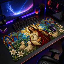 1pc Jesus The Good Shepherd Stained Glass Lamb And Lily Print XL Gaming Mouse Pad, Christian Faith Keyboard Desk Mat, Religious Gift - View 1