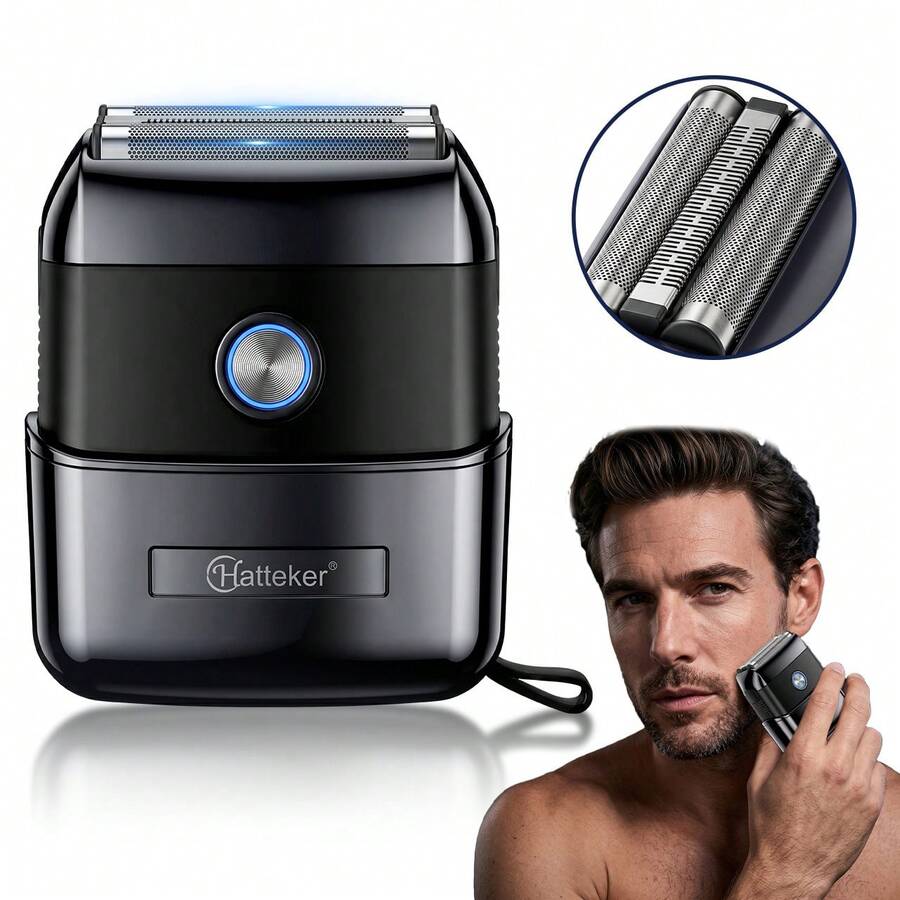 Hatteker 1pc Men's Mini Electric Shaver, Wet & Dry Reciprocating Razor, 3-Blade Beard Trimmer For Home Use - Black - View 1