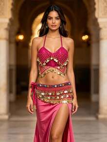Hollow Mesh Gold Coin Halter Top With Gemstone Decor, Tie Waist Coin Belt, Carnival Party Stage Dance Costume - Multicolor - View 17