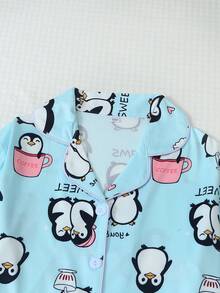 Girls Cute Bear All-Over Print Turn Collar Button Long Sleeve Top + Pants 2-Piece Pajama Set, Soft And Comfortable Loungewear, Suitable For 8-12 Years Old - Blue - View 5