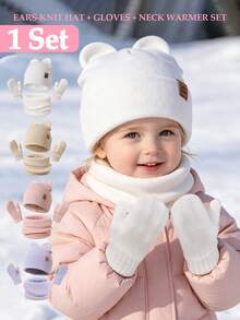 3‑Piece Toddler Girl Knit Winter Set, Cat Ear Beanie + Neck Warmer + Mittens Soft Cozy Kids Accessories For Cold Weather Daily Outing - Hat + Scarf + Gloves - View 1