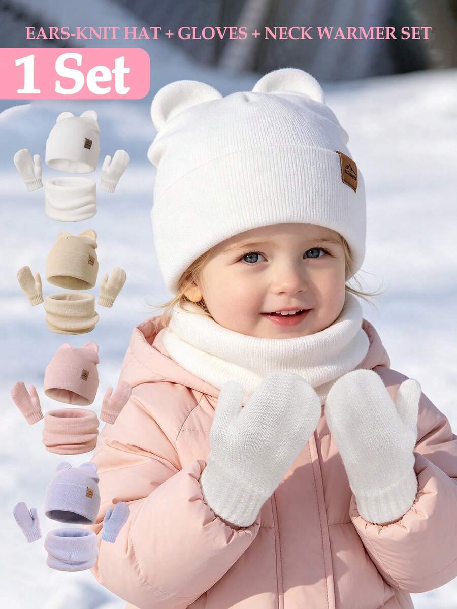 3‑Piece Toddler Girl Knit Winter Set, Cat Ear Beanie + Neck Warmer + Mittens Soft Cozy Kids Accessories For Cold Weather Daily Outing - Hat + Scarf + Gloves - View 1