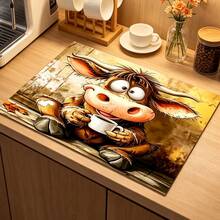 1pc Dish Drying Mat, Coffee Machine Mat, Cute Cartoon Cow Drinking Coffee Pattern Dish Drying Mat, Suitable For Bar, Dining Table, Kitchen Countertop, Autumn Daily Use, Thanksgiving Warm Decor, Multi-Purpose Drying Mat, Home Gift, Desktop Decoration - XYLSD-1041 - View 3