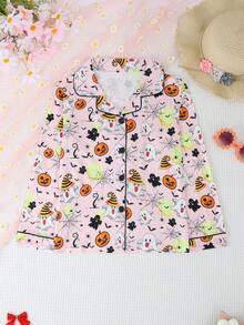 2pcs/Set Girls Casual Ghost Pumpkin Print Lapel Long Sleeve Cardigan And Pants Pajama Set Flame Retardant Halloween All Seasons - Dusty Pink - View 3