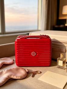 Shiseido Vintage Red Striped Hard Shell Makeup Box, Portable Mini Storage Luggage, Skincare And Cosmetics Organizer, Travel And Home Storage, Birthday And Holiday Gift - Red - View 2