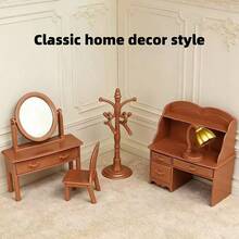 Set Furnitur Mini Rumah Boneka, Meja Rias Vintage, Kursi Meja, Rak Gantungan Jas, Lampu Meja, Dekorasi Miniatur untuk Tata Letak Adegan Rumah Boneka - MultiWarna - View 3