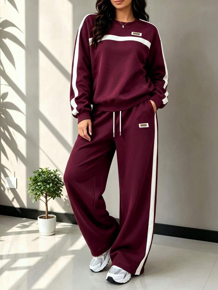 Spring/Autumn Casual Fashion Commuter Set For Women, Versatile Contrast Color Top With Striped High Waist Drawstring Loose Straight Leg Pants Elegant - Burgundy - View 1