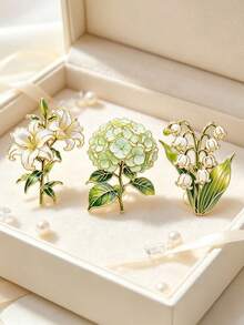 3pcs Fresh Light Green Floral Brooch Set, Lily Hydrangea Lily Of The Valley Design, Versatile Lapel Accessory For Coat Scarf Backpack, Daily Date Gift Item - A - View 3