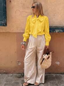Women's Long Sleeve Blouse With Detachable Oversized Bow, French Puff Sleeves, Stand Collar, Office/Casual Wear, Suitable For Work, Daily, New Year And Various Occasions Spring - Yellow - View 2