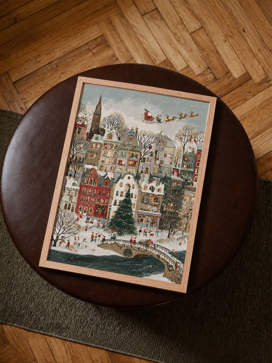 1件復古聖誕小鎮帆布壁畫,無框冬季村莊海報,復古雪景節日場景繪畫印刷,臥室客廳牆面裝飾,家居裝飾,房間佈置,禮物 - 彩色 - 查看 1
