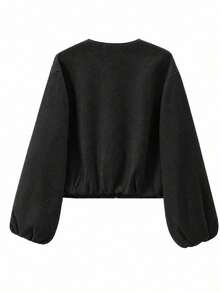 Women Solid Color Zip-Up Short Jacket With Pockets, Casual Long Sleeve Soft Bomber Jacket, Versatile Minimalist Design For Autumn/Winter Black Spring - Black - View 6