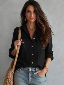 Women's Black Long Sleeve Collared Shirt With Pockets, Versatile Regular Fit, Suitable For Autumn Wear - Black - View 4
