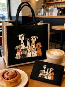 Cute Cartoon Dog Pattern Linen Tote Bag Set, Large Capacity Lightweight Shopping Bag, Dual Handle Daily Handbag, Includes Portable Cosmetic Storage Bag, Multi-Functional Shopping Bag, Handheld Storage Bag, Suitable As Gift For Sisters, Birthday Gift, Halloween And Christmas Gift - Multicolor - View 13