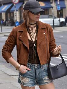 Women's Western Style Faux Suede Motorcycle Jacket, Brown Long Sleeve Zipper Collar Woven Coat, Business Casual Style, Suitable For Spring, Summer, Autumn, Winter - Caramel Brown - View 8